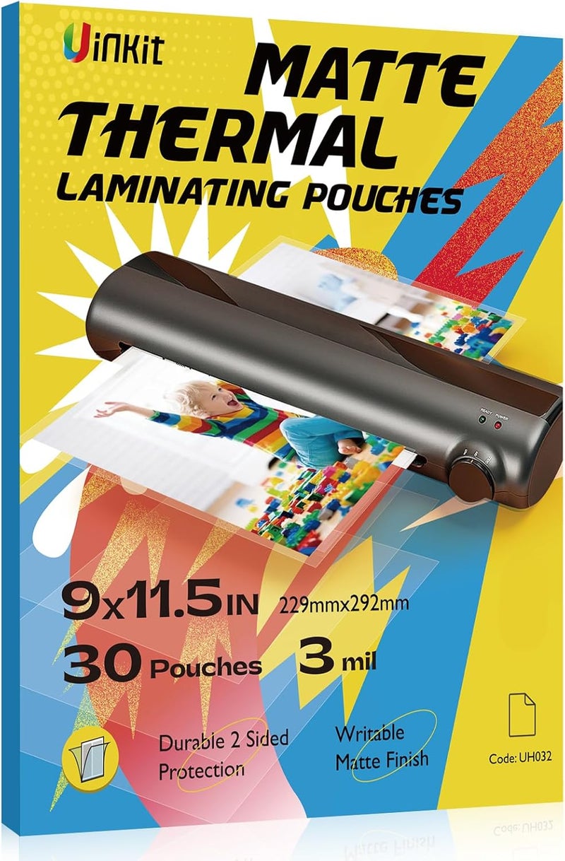 Uinkit Matte Thermal Laminating Sheets, 9 x 11.5 Inches 3 Mil Clear Anti-Glare with Matte Finish 30 Pack Fitted for Letter Size Laminating Pouches 8.5 x 11 inches - Image 1